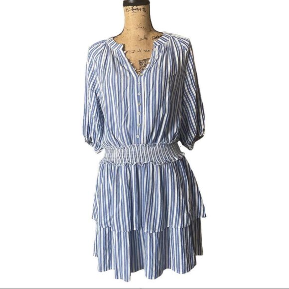 BTFL-life Striped Mini Shirred Dress Blue Large - Picture 2 of 14
